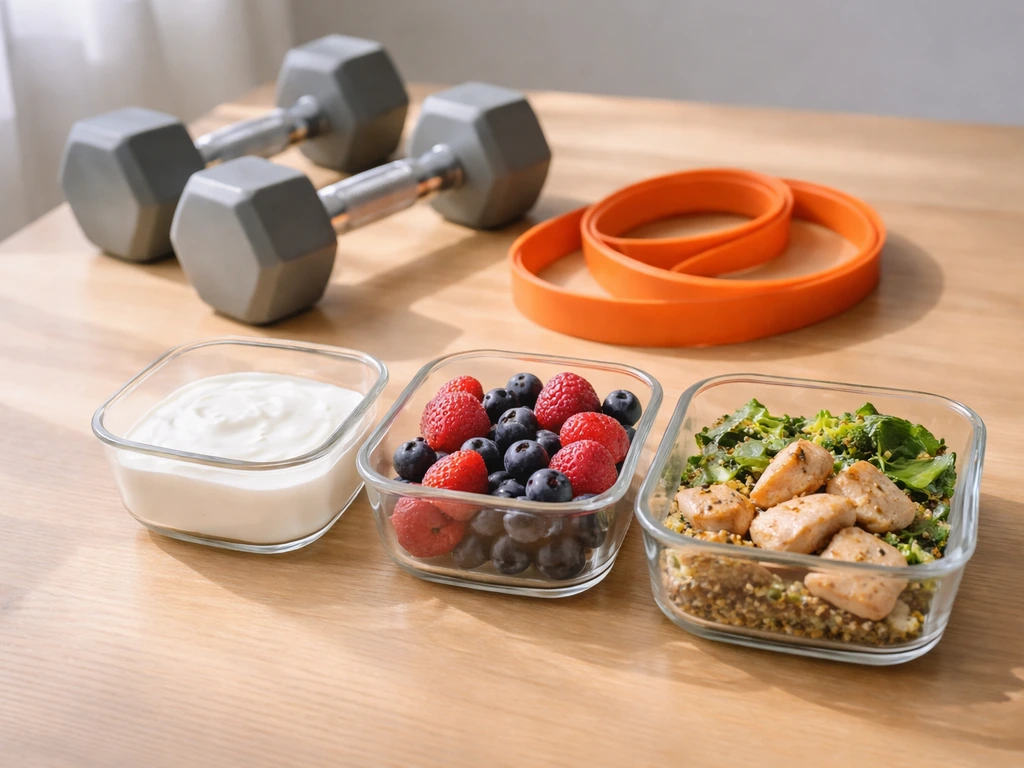 Dumbbells and resistance band next to simple protein meal ingredients in a minimal, well-lit setup.