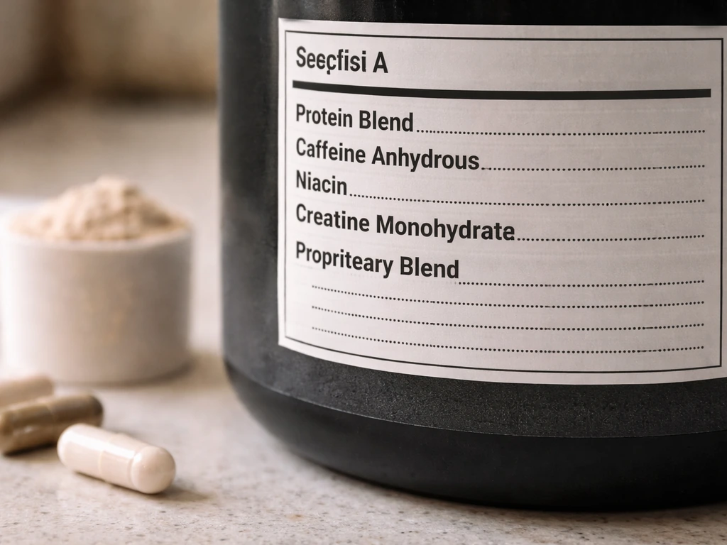 Close-up of an anonymous supplement ingredient panel with protein, caffeine, niacin, creatine style ingredients