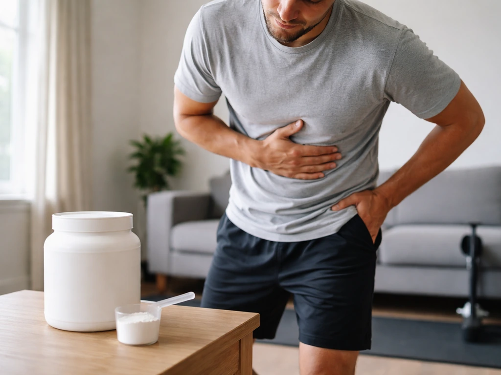 Anonymous adult clutching their stomach next to a generic creatine tub and scoop, showing mild GI discomfort