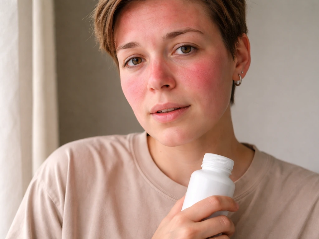 Person with noticeable facial flushing holding a supplement bottle near the face in natural light