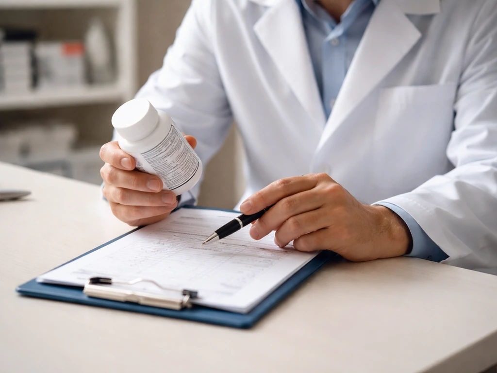 Anonymous clinician reviewing a supplement label and medication list on a clipboard at a clinic desk.
